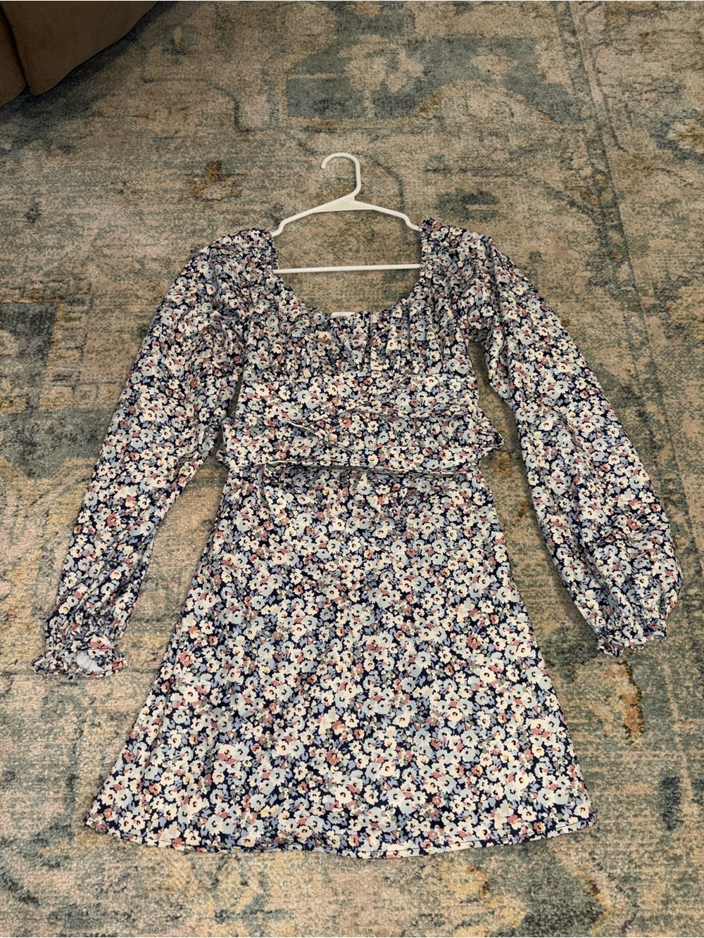 Floral Long-Sleeve Smock Waist Mini Dress - Blue/Pink/White